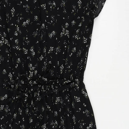 H&M Womens Black Floral Polyester A-Line Size 6 V-Neck Zip - Ruffle