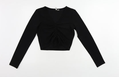 Divided by H&M Womens Black Polyester Cropped Blouse Size S V-Neck - Ruched