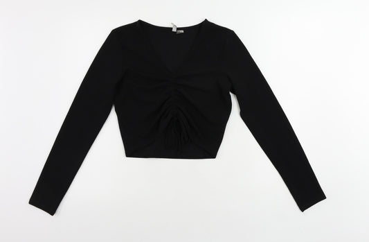 Divided by H&M Womens Black Polyester Cropped Blouse Size S V-Neck - Ruched