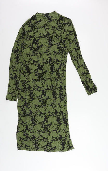 Mamalicious Womens Green Floral Viscose Bodycon Size L Mock Neck Pullover
