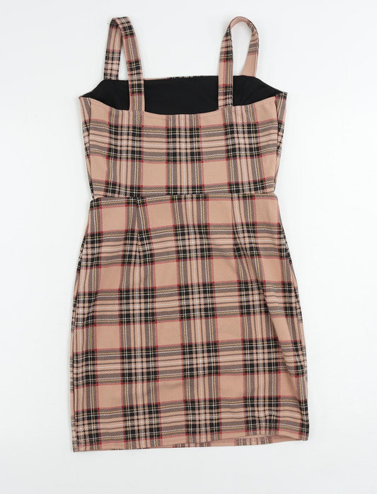 I SAW IT FIRST Womens Pink Plaid Polyester Mini Size 8 Square Neck Pullover