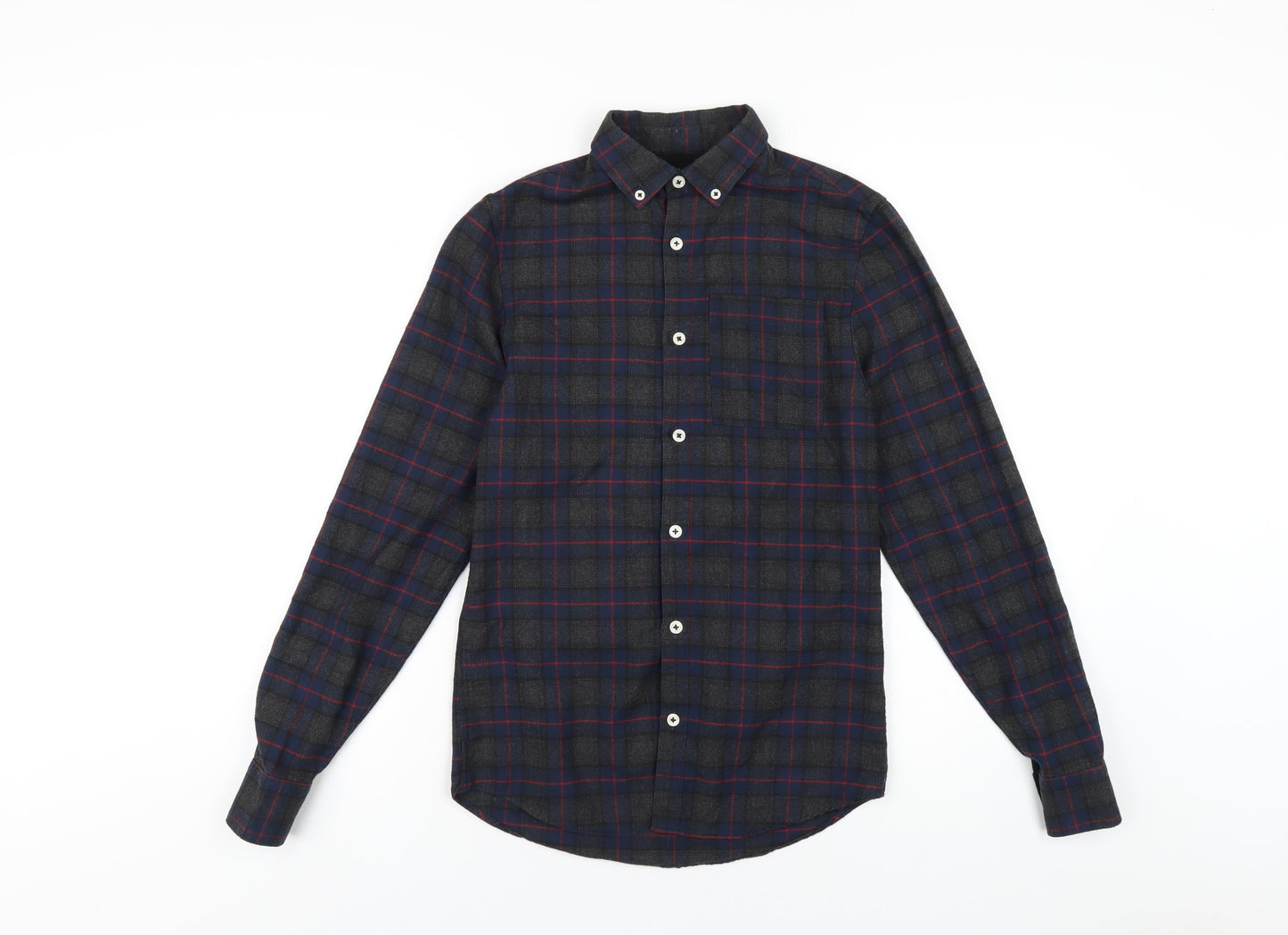 River Island Mens Multicoloured Plaid Polyester Button-Up Size XS Collared Button