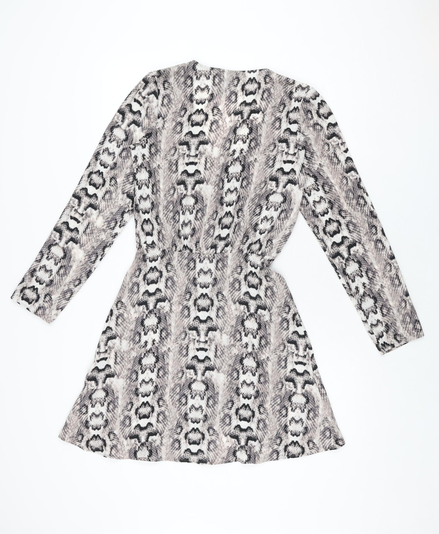 H&M Womens Grey Animal Print Polyester Skater Dress Size 6 V-Neck Button