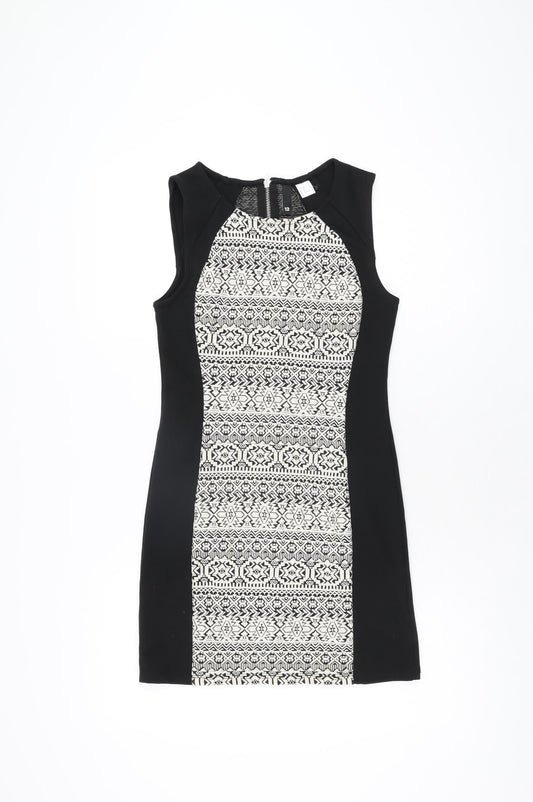 H&M Womens Black Geometric Polyester Bodycon Size 12 Round Neck Zip