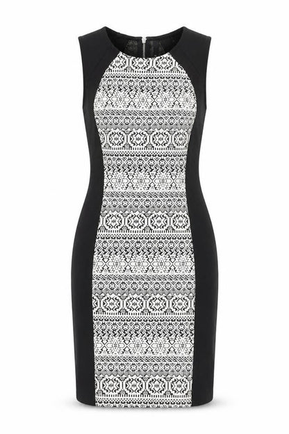 H&M Womens Black Geometric Polyester Bodycon Size 12 Round Neck Zip
