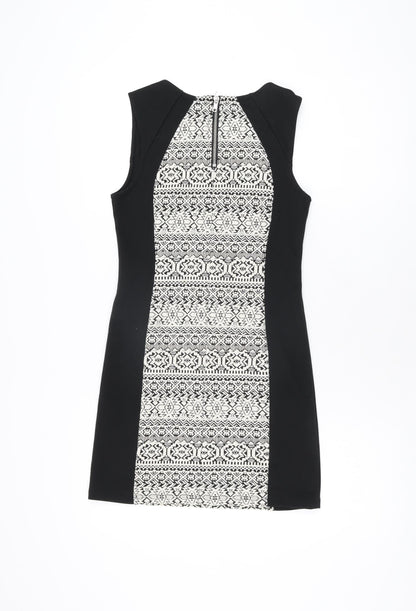H&M Womens Black Geometric Polyester Bodycon Size 12 Round Neck Zip