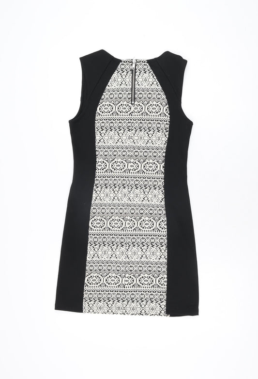 H&M Womens Black Geometric Polyester Bodycon Size 12 Round Neck Zip