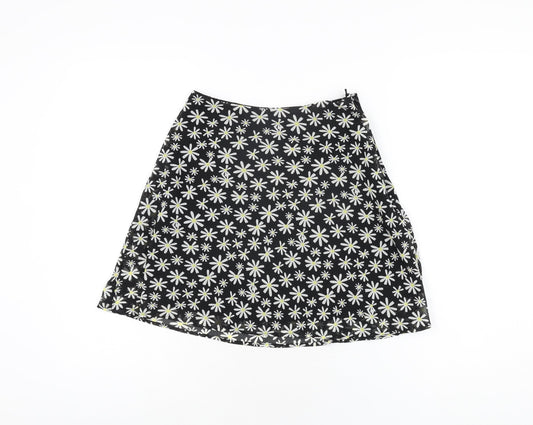 H&M Womens Black Floral Polyester Mini Skirt Size 6 Zip