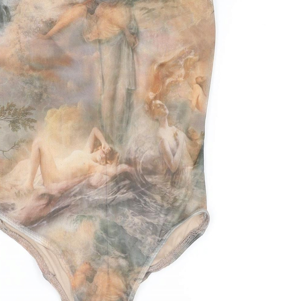 PRETTYLITTLETHING Womens Multicoloured Geometric Polyester Bodysuit One-Piece Size 10 Snap