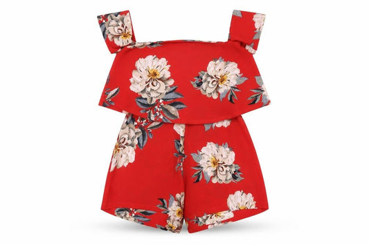 Front view of Missguided women’s red floral polyester playsuit one-piece, size UK 6, 3-inch leg zip