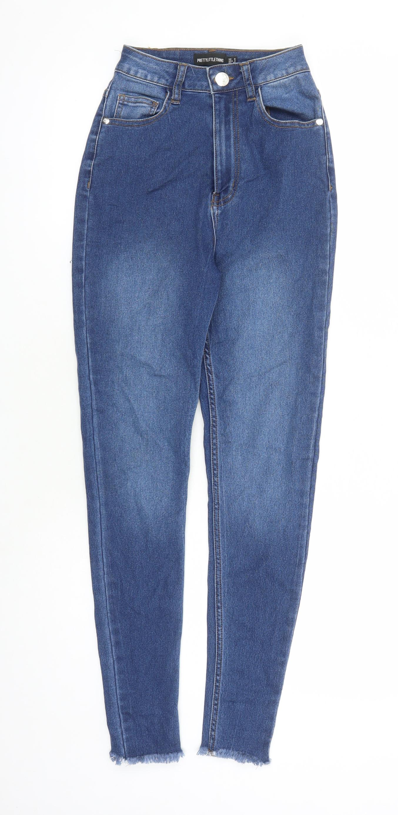 PRETTYLITTLETHING Womens Blue Cotton Skinny Jeans Size 6 L29 in Regular Zip - Raw Hems