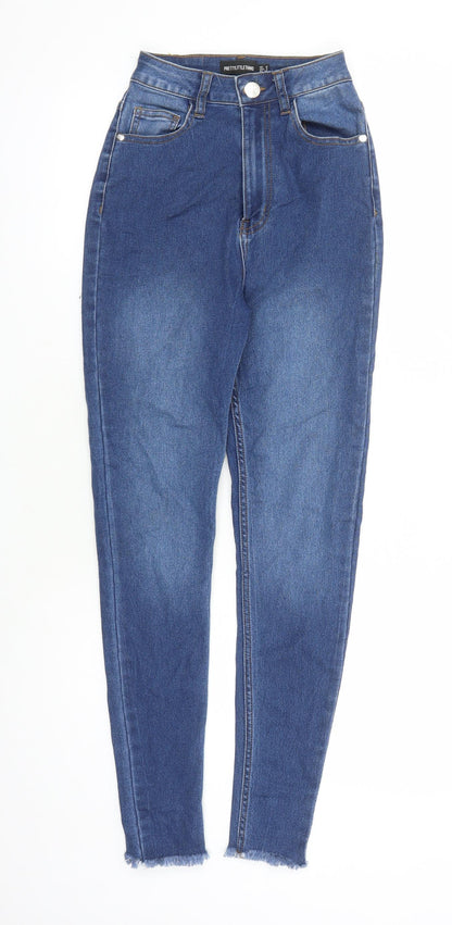 PRETTYLITTLETHING Womens Blue Cotton Skinny Jeans Size 6 L29 in Regular Zip - Raw Hems