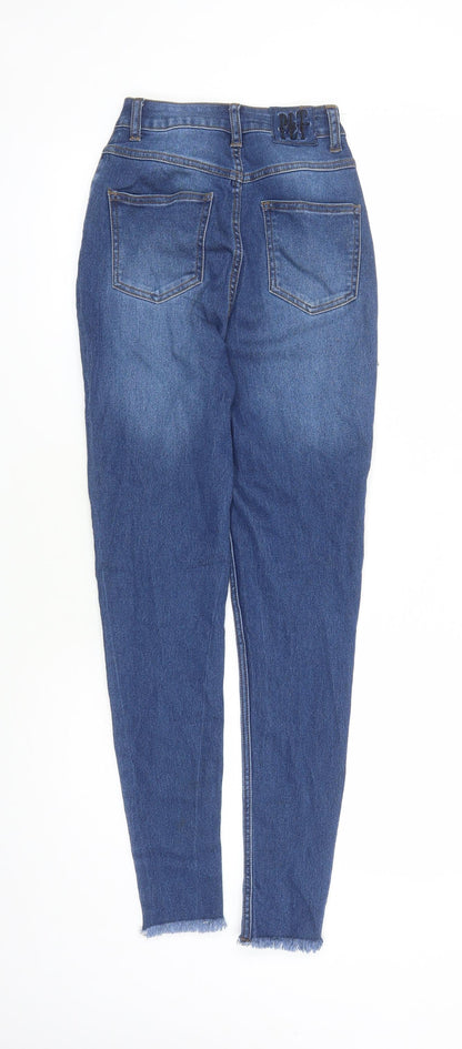 PRETTYLITTLETHING Womens Blue Cotton Skinny Jeans Size 6 L29 in Regular Zip - Raw Hems