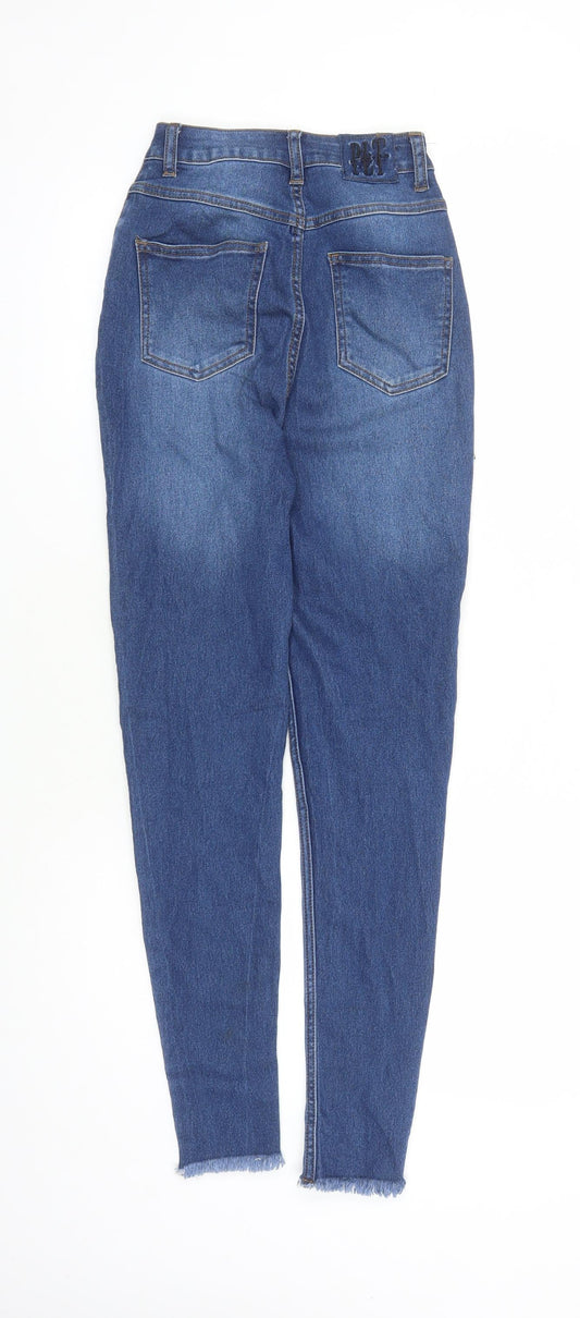 PRETTYLITTLETHING Womens Blue Cotton Skinny Jeans Size 6 L29 in Regular Zip - Raw Hems
