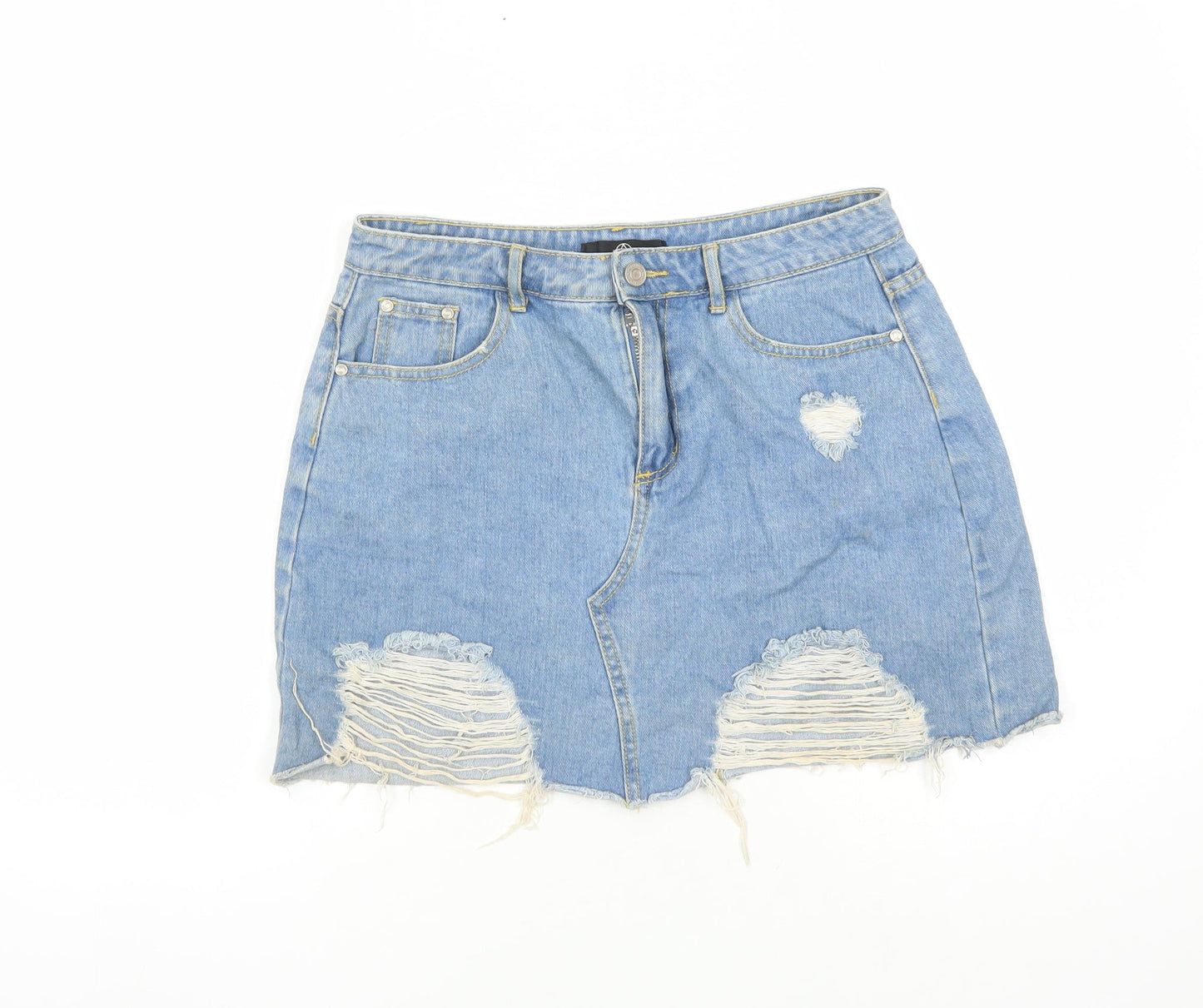 Missguided Womens Blue Cotton Mini Skirt Size 10 Zip - Distressed Look