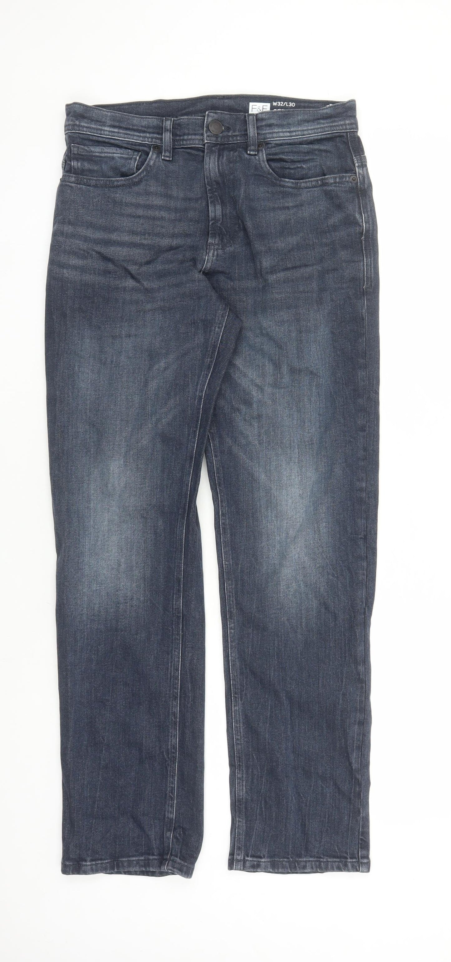 F&F Mens Blue Cotton Straight Jeans Size 32 in L30 in Regular Zip - Pockets