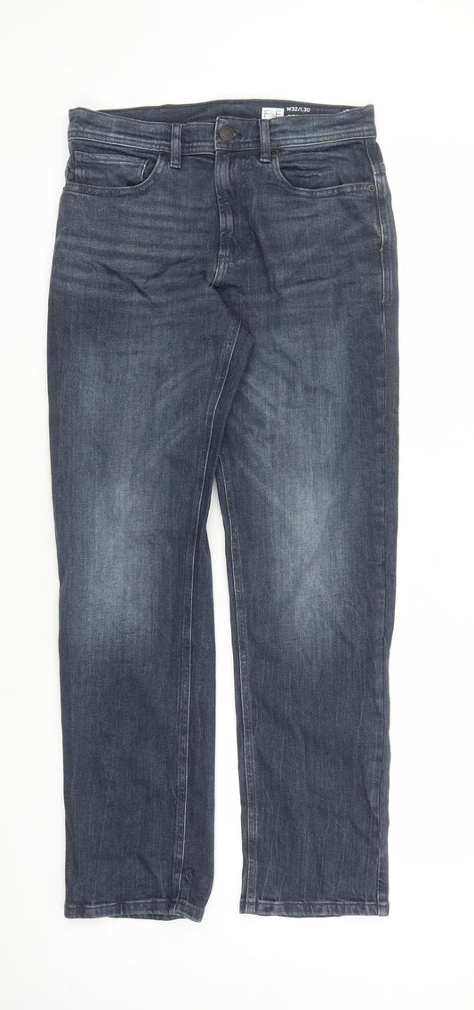 F&F Mens Blue Cotton Straight Jeans Size 32 in L30 in Regular Zip - Pockets
