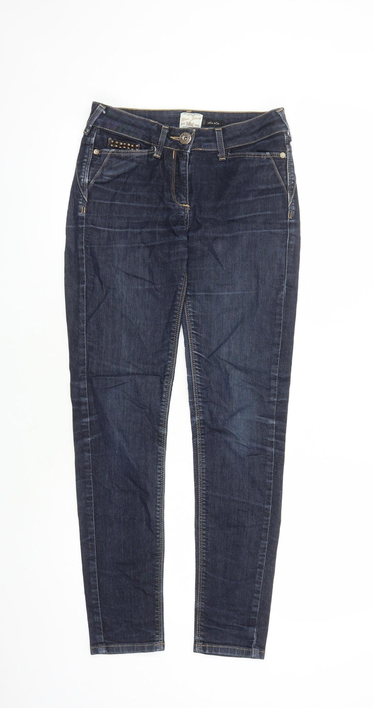 River Island Womens Blue Cotton Straight Jeans Size 8 L27 in Regular Zip - Studded Detail On Pocket