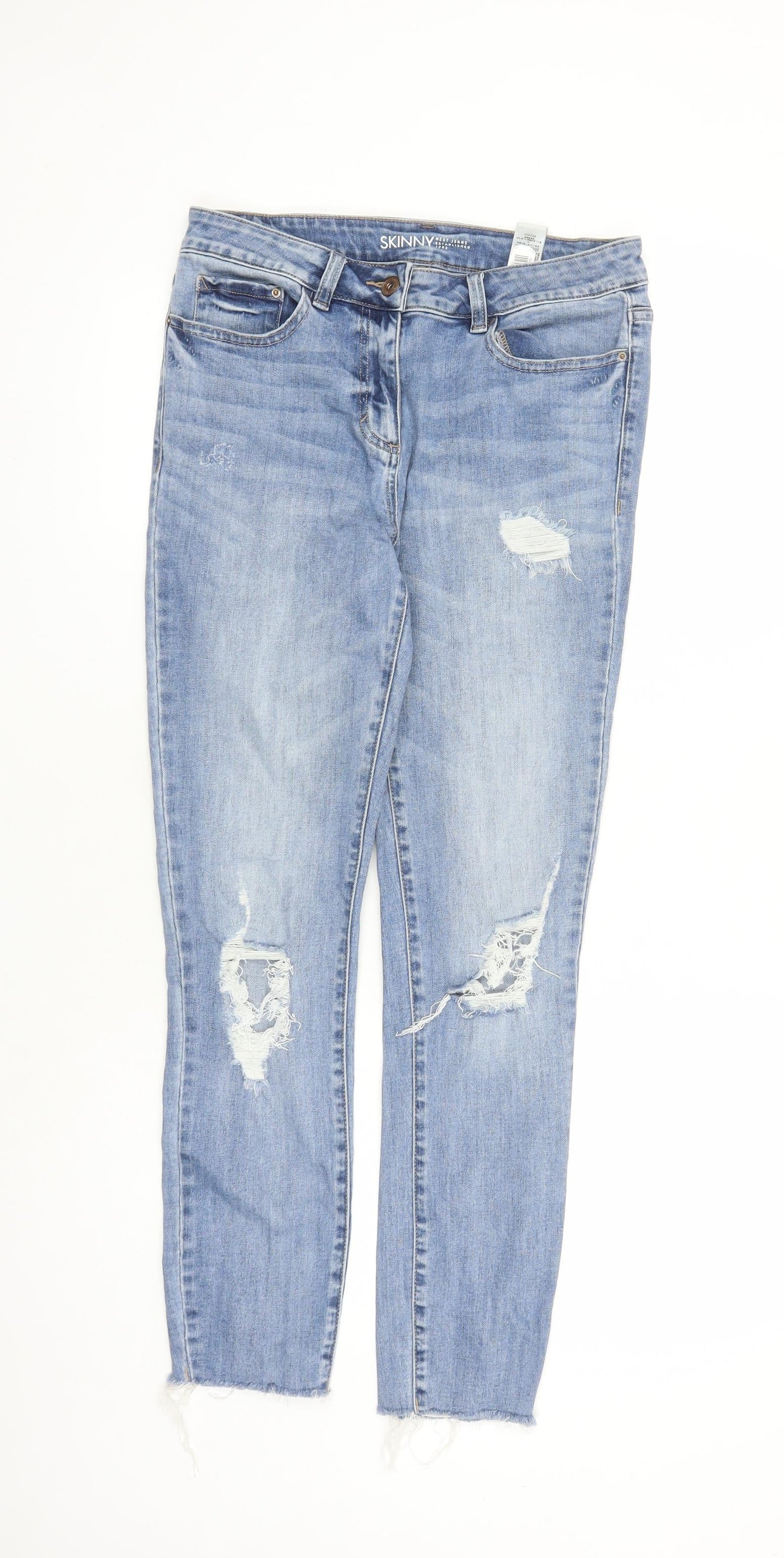 NEXT Womens Blue Cotton Skinny Jeans Size 10 L28 in Regular Zip - Raw Hems Pockets