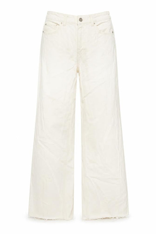 Front view of Denim & Co. women’s ivory cotton wide-leg jeans, size UK 10, 32-inch leg regular button