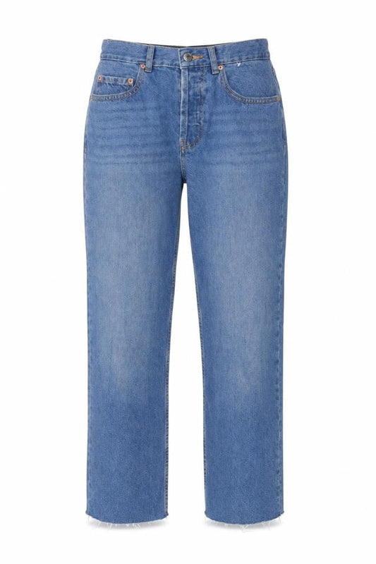 Front view of ASOS women’s blue cotton straight jeans, size UK 28, in, 30-inch leg regular button