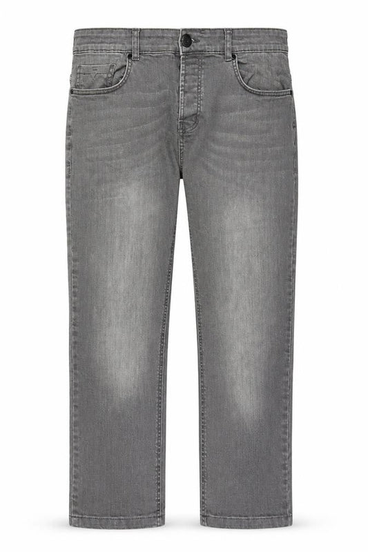Front view of Denim & Supply men’s grey cotton straight jeans, size 36, in, 34-inch leg slim zip - pockets