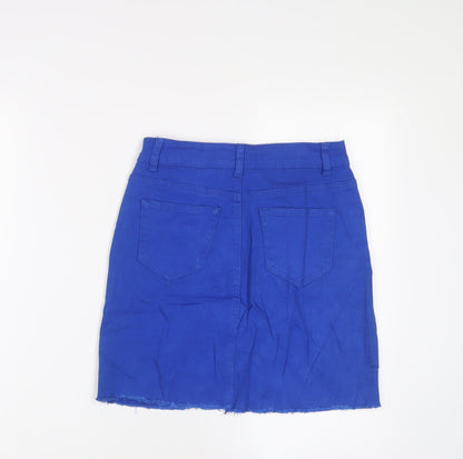 PRETTYLITTLETHING Womens Blue Cotton A-Line Skirt Size 6 Zip - Distressed, Pockets