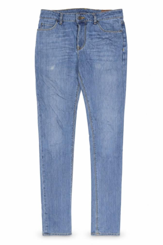 Front view of ASOS women’s blue cotton skinny jeans, size UK 30, in, 36-inch leg regular zip