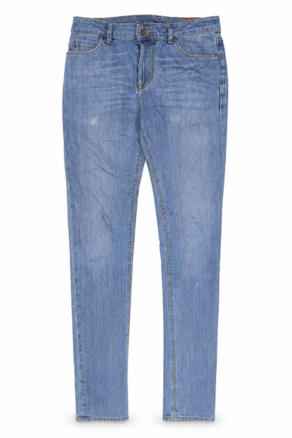 Front view of ASOS women’s blue cotton skinny jeans, size UK 30, in, 36-inch leg regular zip