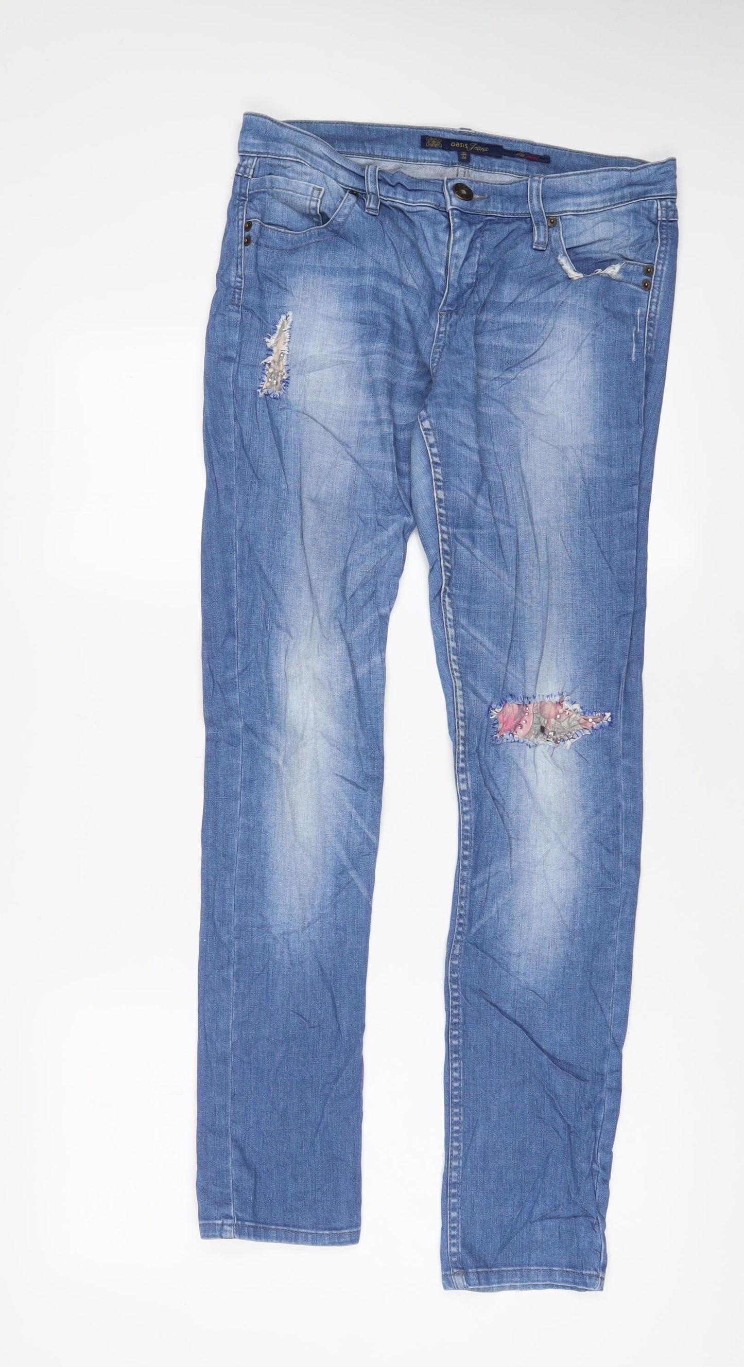 Oasis Womens Blue Cotton Skinny Jeans Size 10 L32 in Regular Zip - Embroidered, Jewels