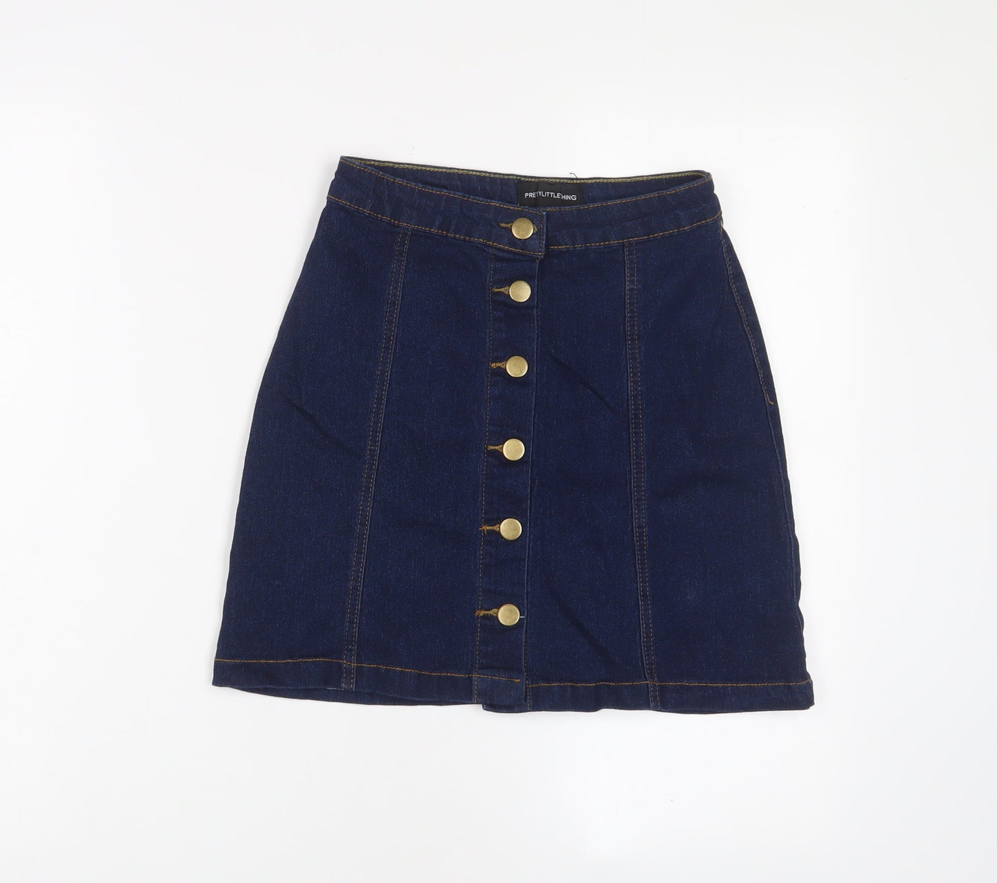 PRETTYLITTLETHING Womens Blue Cotton A-Line Skirt Size 4 Button