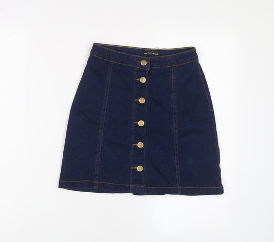 PRETTYLITTLETHING Womens Blue Cotton A-Line Skirt Size 4 Button