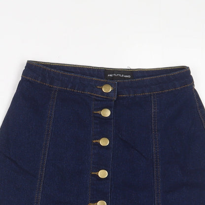 PRETTYLITTLETHING Womens Blue Cotton A-Line Skirt Size 4 Button