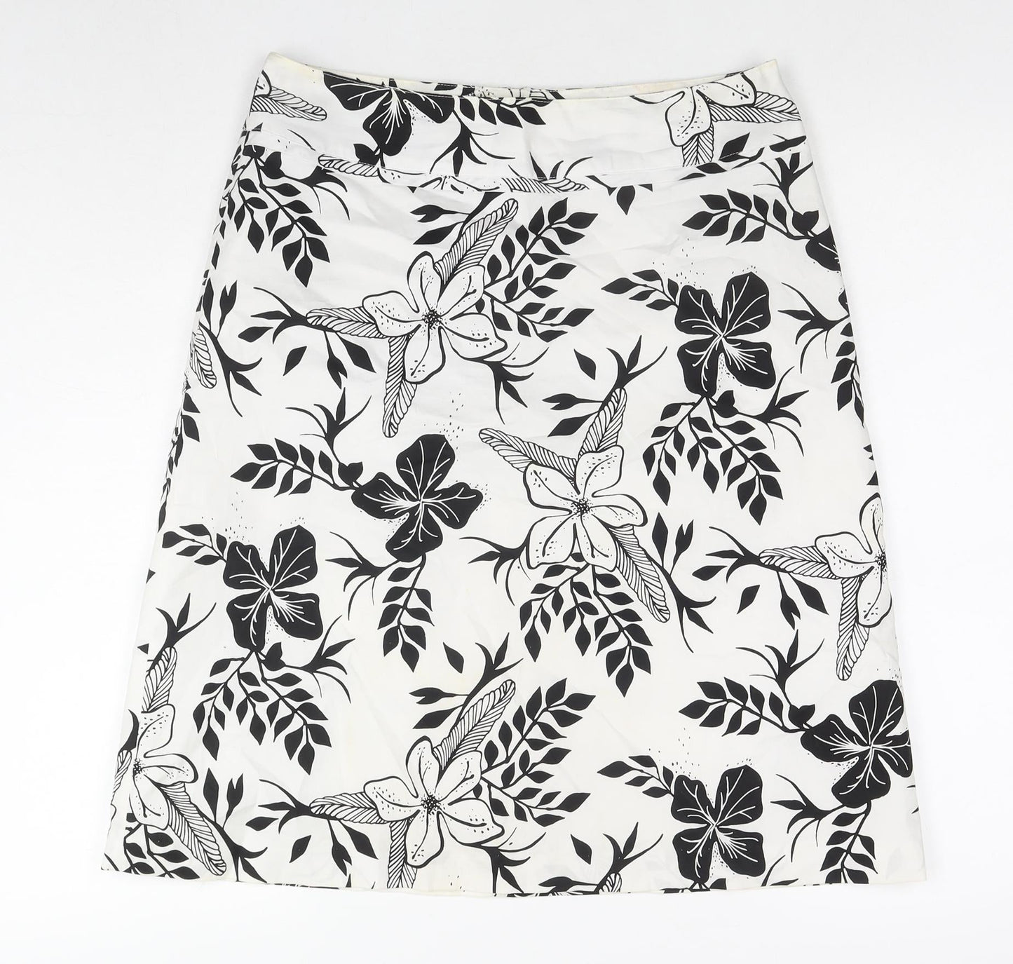 H&M Womens White Floral Cotton A-Line Skirt Size 10 Zip