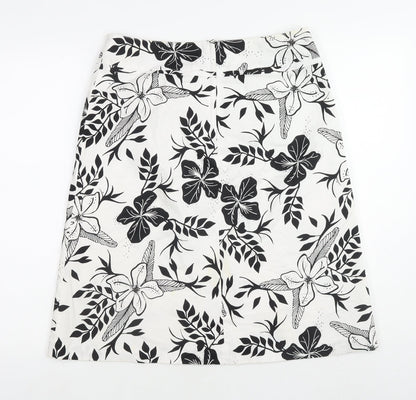 H&M Womens White Floral Cotton A-Line Skirt Size 10 Zip