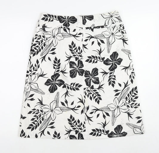 H&M Womens White Floral Cotton A-Line Skirt Size 10 Zip