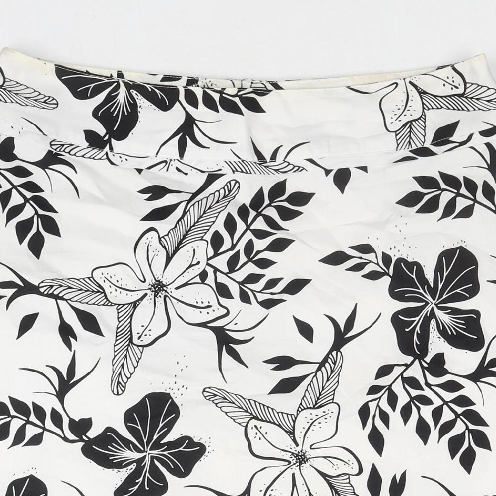 H&M Womens White Floral Cotton A-Line Skirt Size 10 Zip