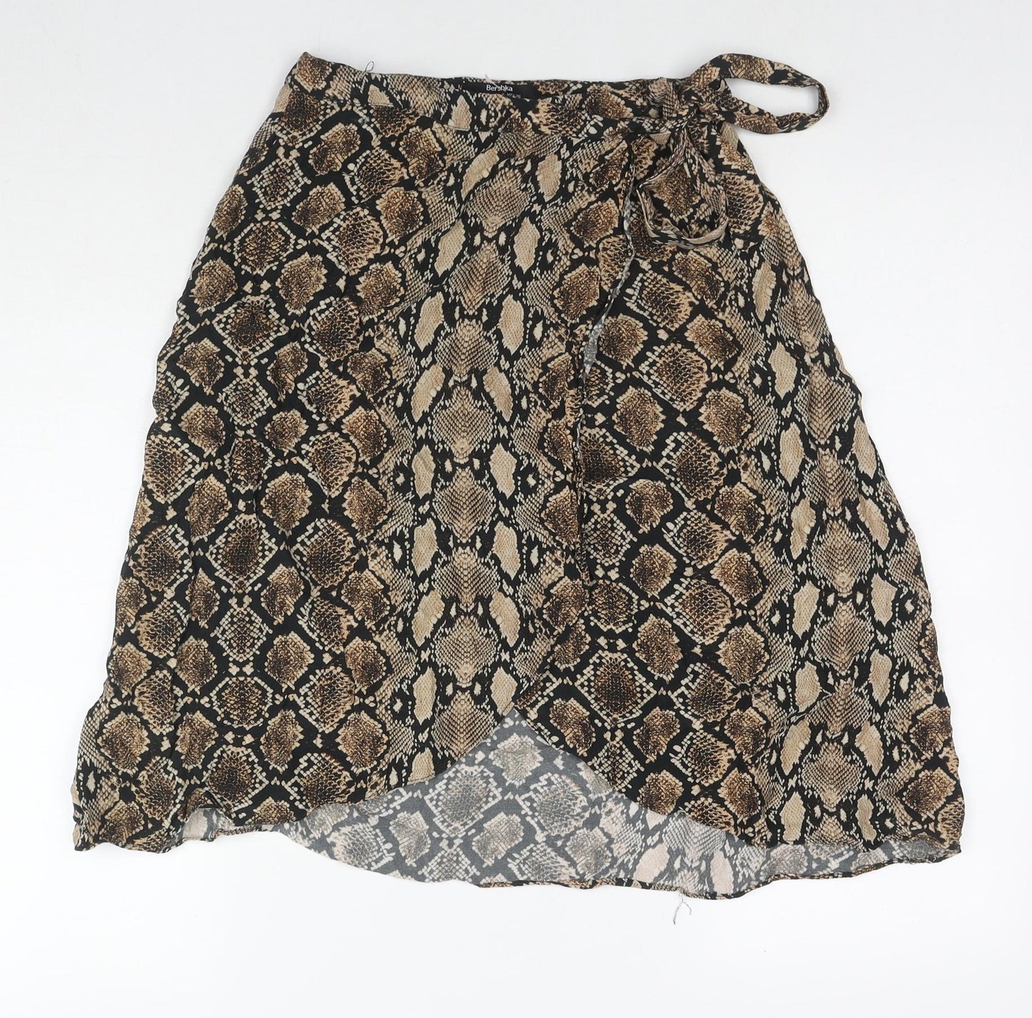 Bershka Womens Brown Animal Print Polyester Wrap Skirt Size S Button - Snake Pattern