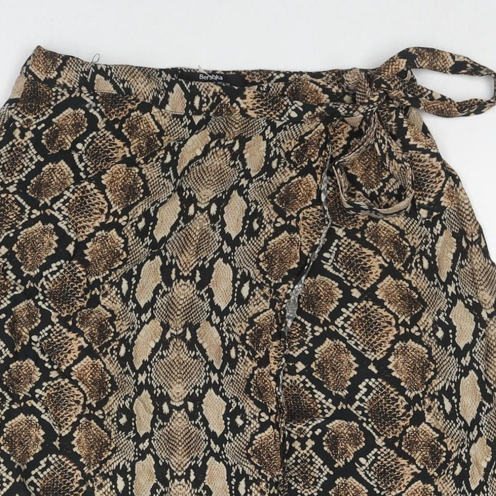Bershka Womens Brown Animal Print Polyester Wrap Skirt Size S Button - Snake Pattern