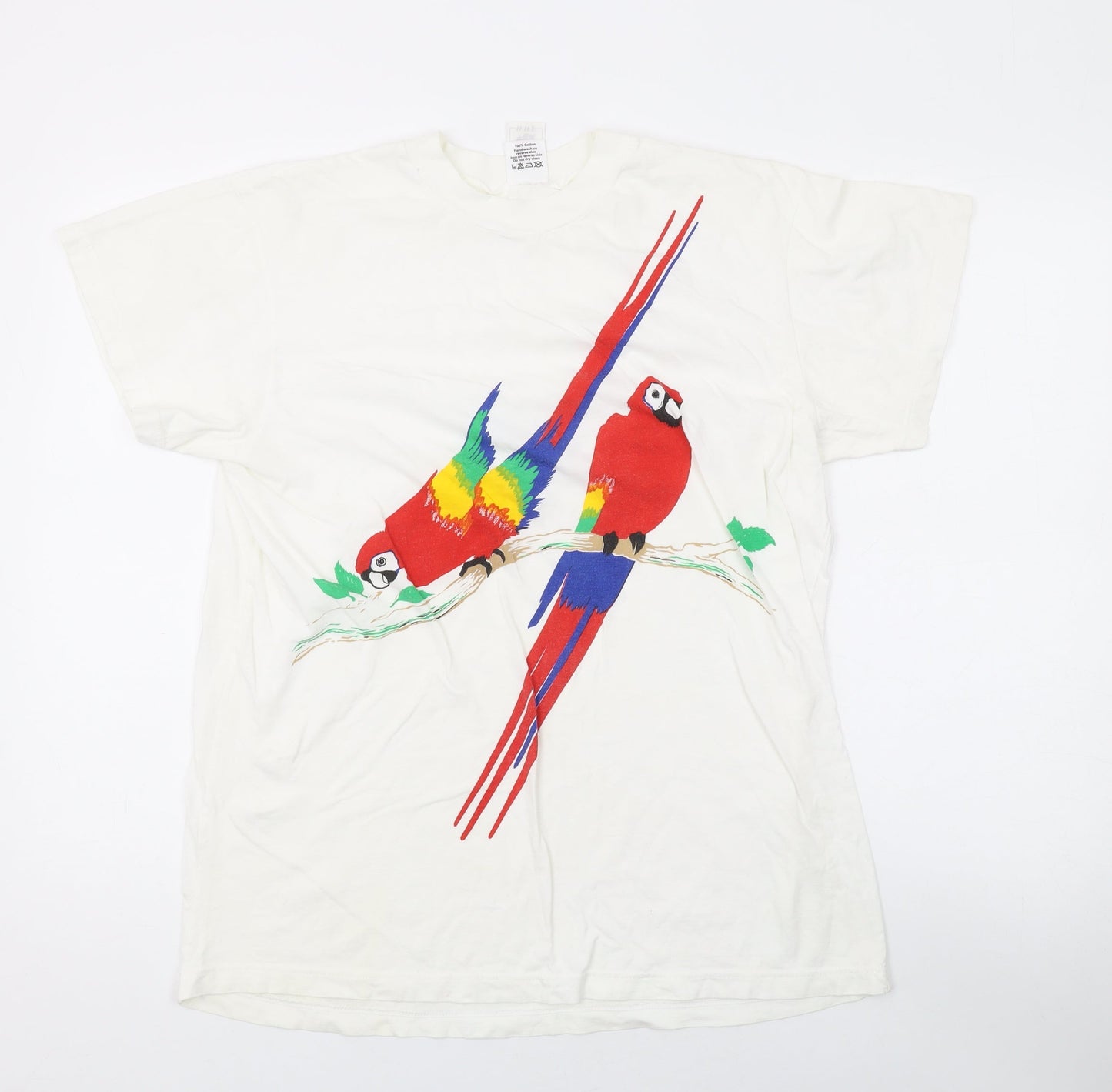 WWF Womens White Cotton Basic T-Shirt One Size Round Neck - Parrot
