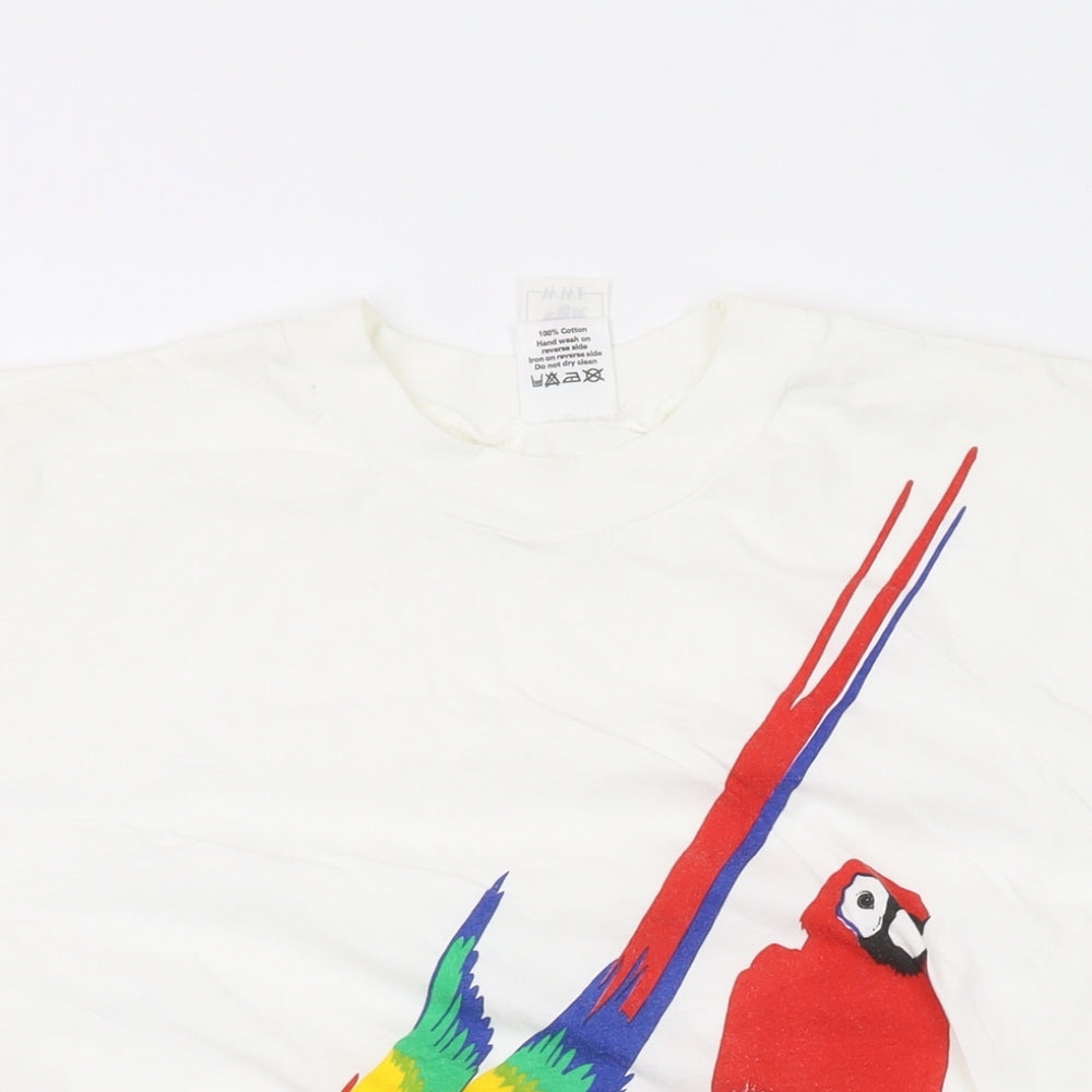 WWF Womens White Cotton Basic T-Shirt One Size Round Neck - Parrot