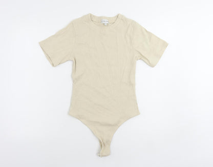 In the Style Womens Beige Cotton Bodysuit One-Piece Size 10 Snap - Ribbed