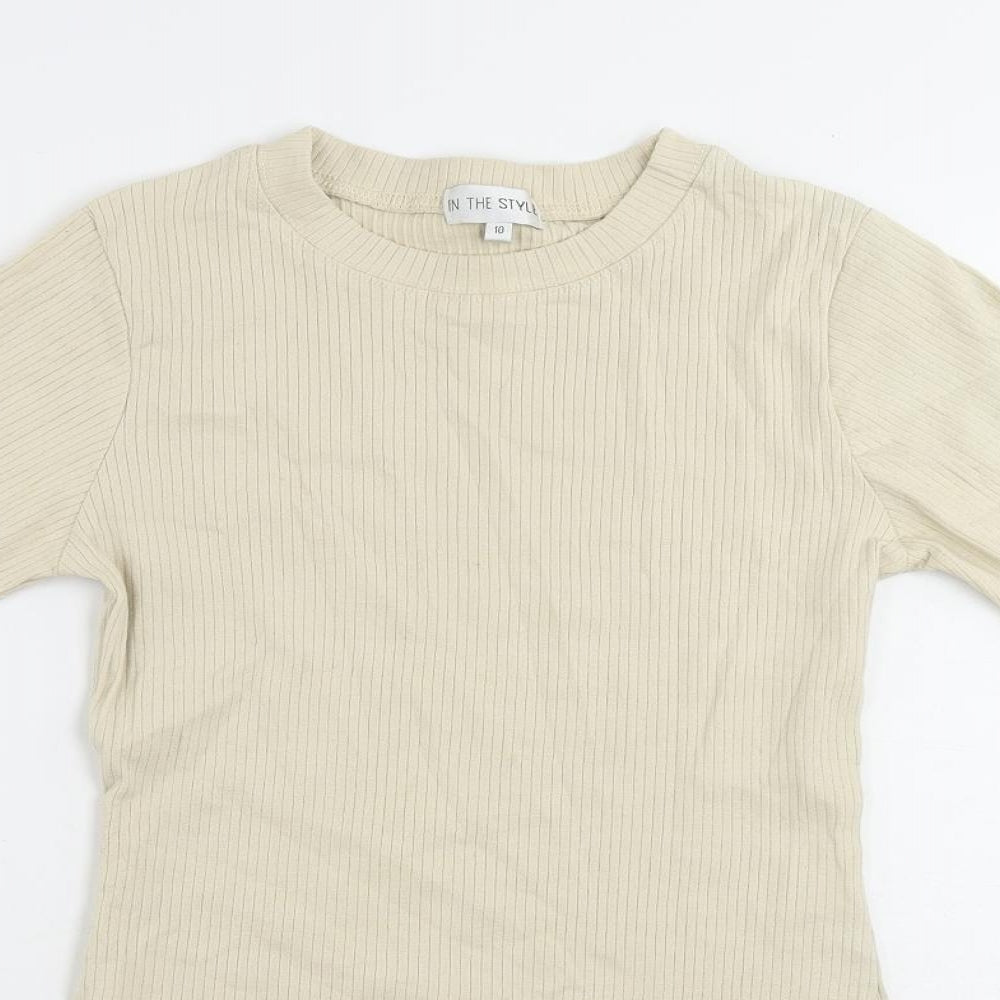 In the Style Womens Beige Cotton Bodysuit One-Piece Size 10 Snap - Ribbed