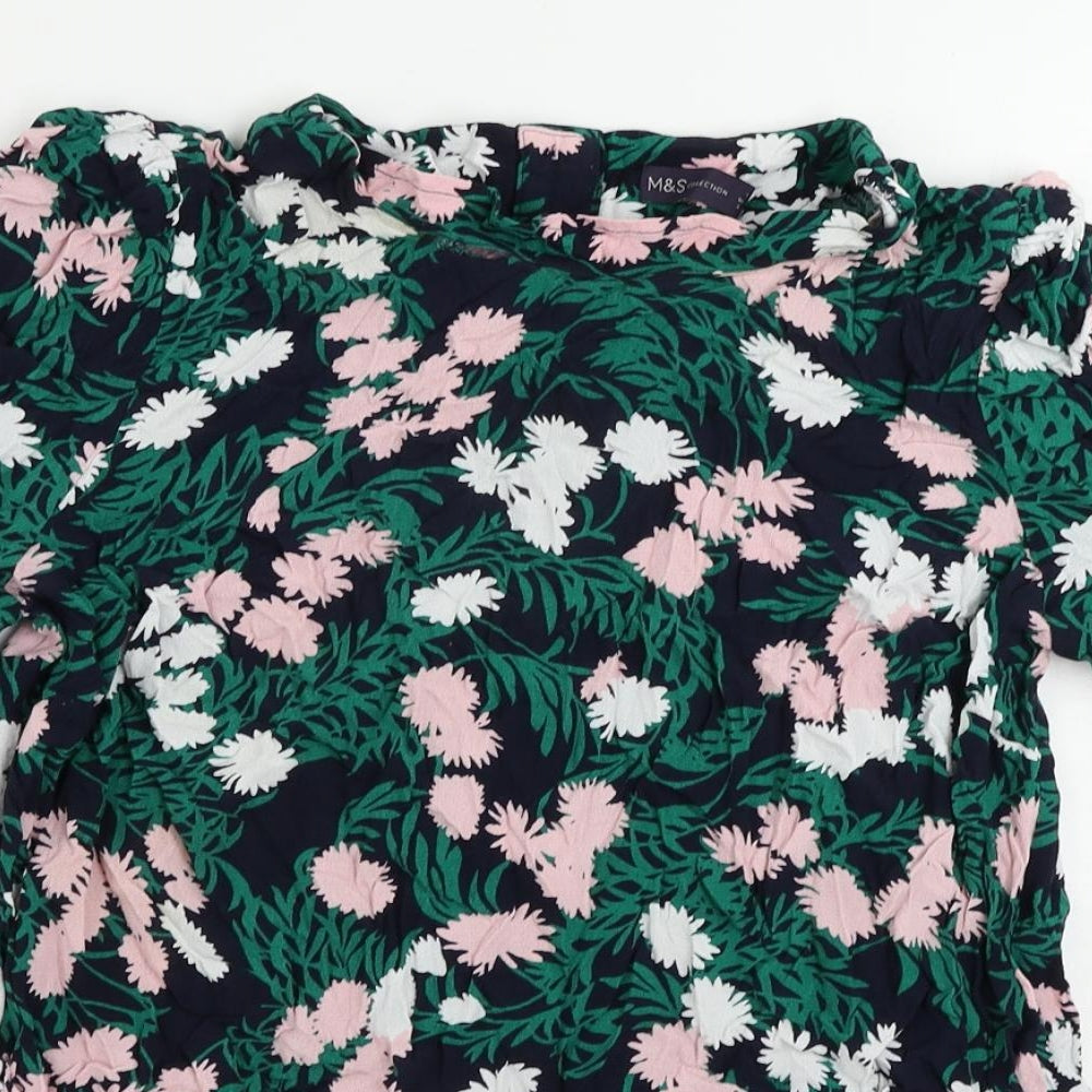 Marks and Spencer Womens Blue Floral Viscose Basic Blouse Size 14 Mock Neck
