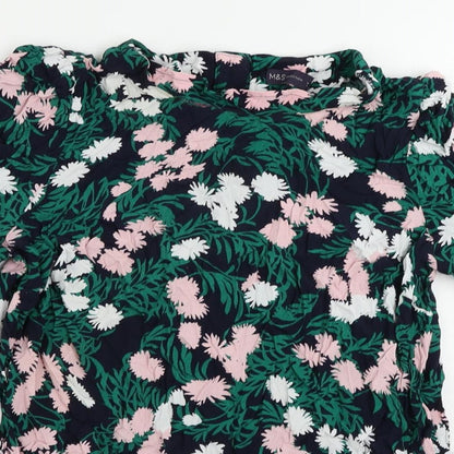 Marks and Spencer Womens Blue Floral Viscose Basic Blouse Size 14 Mock Neck