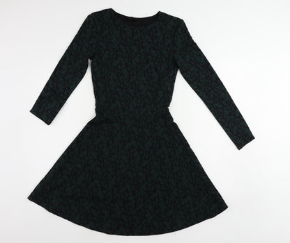 H&M Womens Green Geometric Polyester Skater Dress Size S Round Neck Pullover