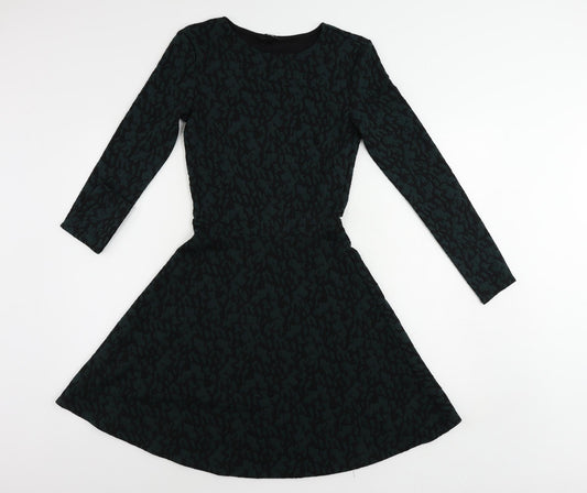 H&M Womens Green Geometric Polyester Skater Dress Size S Round Neck Pullover