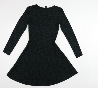 H&M Womens Green Geometric Polyester Skater Dress Size S Round Neck Pullover