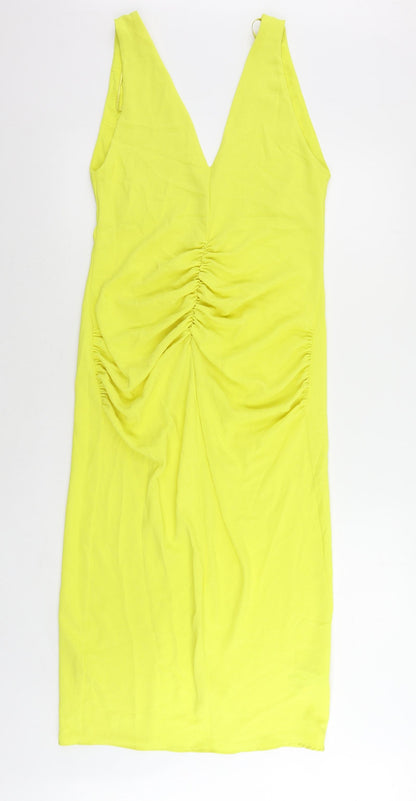 Zara Womens Yellow Polyester Sheath Size S V-Neck Pullover - Ruched