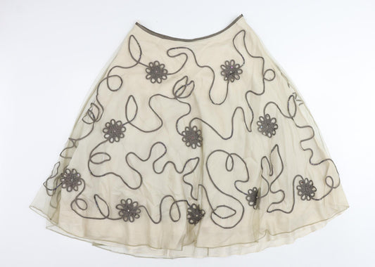Monsoon Womens Beige Nylon Flare Skirt Size 12 Zip - Embroidered